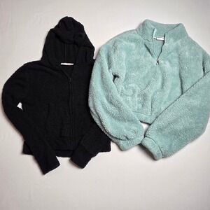 Girls So Sherpa Black Zip Up Hoodie & Quarter Zip Aqua Pullover Set of 2 Size S
